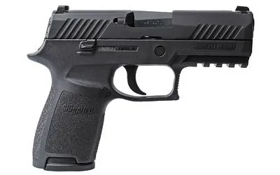 SIG SAUER P320, DOUBLE ACTION ONLY, COMPACT FRAME, 45 ACP, 3.9" BARREL, POLYMER FRAME, BLACK FINISH, 9RD, 2 MAGS, MASSACHUSETTS [RS-SG320C-45-BSS-MA]